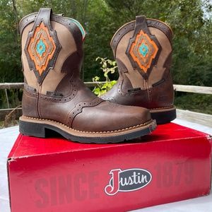 Justin brown orange & turquoise work boot size 7B